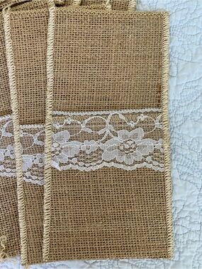 Burlap Table napkin, and or silverware holder with White Lace Trim